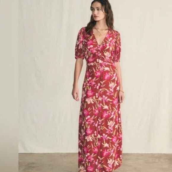 Faherty Floral Button Front Maxi Dress Pink Maroon Size Small Sorrento Dress - Picture 2 of 14